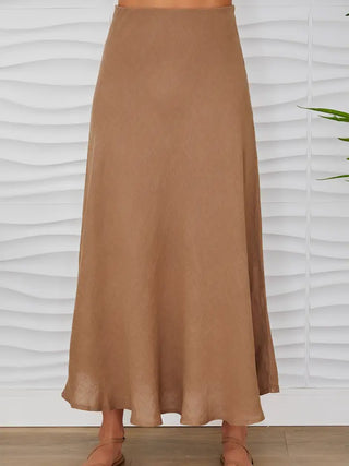 CRINKLE LINEN MIDI SKIRT, TOBACCO