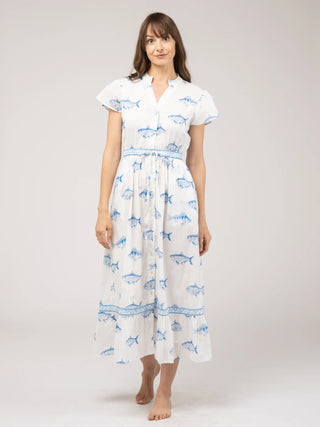 FLUTTER DRESS, FISH - WHITE