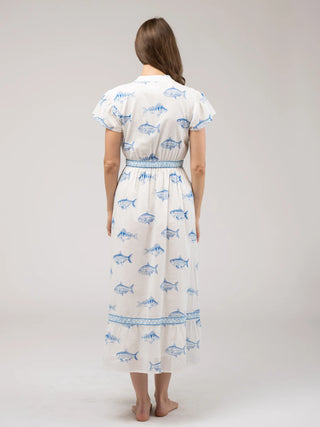 FLUTTER DRESS, FISH - WHITE