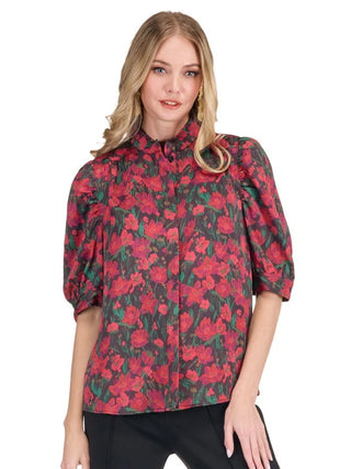 RUCHED SLEEVE SHIRT, CRIMSON GARDEN
