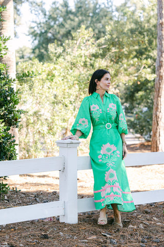 LYLA LONG BELTED DRESS, GREEN/PINK